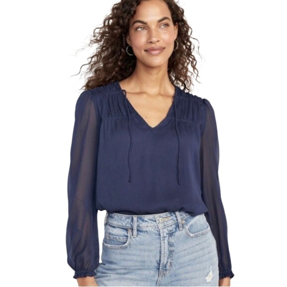 Old Navy Blue Chiffon Split Neck Smocked Poet Swing Blouse Size Large